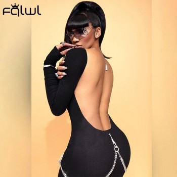 FQLWL Sexy Club Long Sleeve Bodycon Stacked Jumpsuit Women One Piece Outfit Black White Backless Rompers Womens Jumpsuit Female